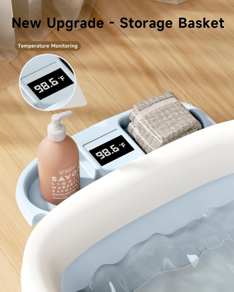 EverKiddo Collapsible Baby Bathtub, Large Infant Bath Tub with Thermometer & Cute Soft Cushion for Newborn to 36-Month Toddlers, Storage and Non-Slip Feet Design, Baby Bath Gift (Blue) - Image 2